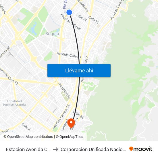 Estación Avenida Chile (Av. NQS - Cl 71c) to Corporación Unificada Nacional De Educacion Superior - Cun map