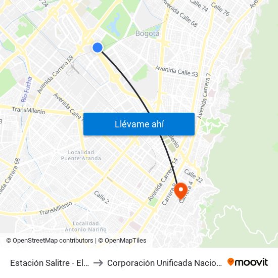 Estación Salitre - El Greco (Ac 26 - Ak 68) to Corporación Unificada Nacional De Educacion Superior - Cun map