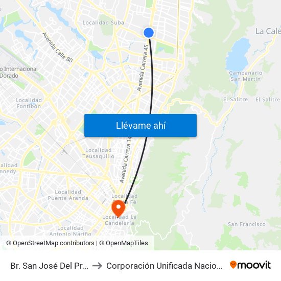 Br. San José Del Prado (Kr 45a - Cl 137) to Corporación Unificada Nacional De Educacion Superior - Cun map