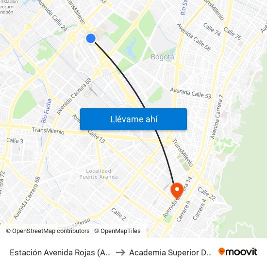 Estación Avenida Rojas (Ac 26 - Kr 69d Bis) (B) to Academia Superior De Artes De Bogotá map