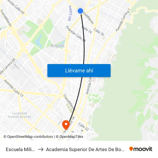 Escuela Militar to Academia Superior De Artes De Bogotá map