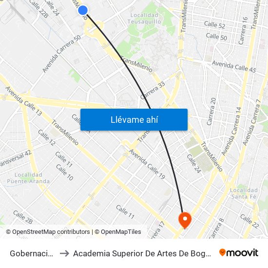 Gobernación to Academia Superior De Artes De Bogotá map