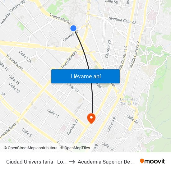 Ciudad Universitaria - Lotería De Bogotá to Academia Superior De Artes De Bogotá map