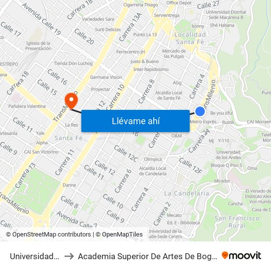 Universidades to Academia Superior De Artes De Bogotá map