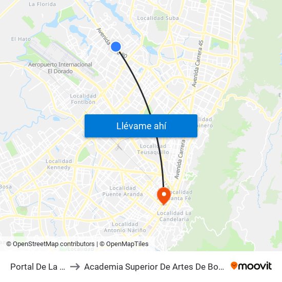 Portal De La 80 to Academia Superior De Artes De Bogotá map