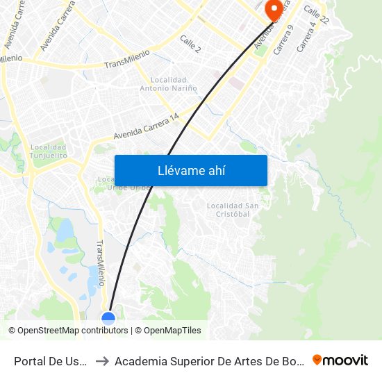 Portal De Usme to Academia Superior De Artes De Bogotá map