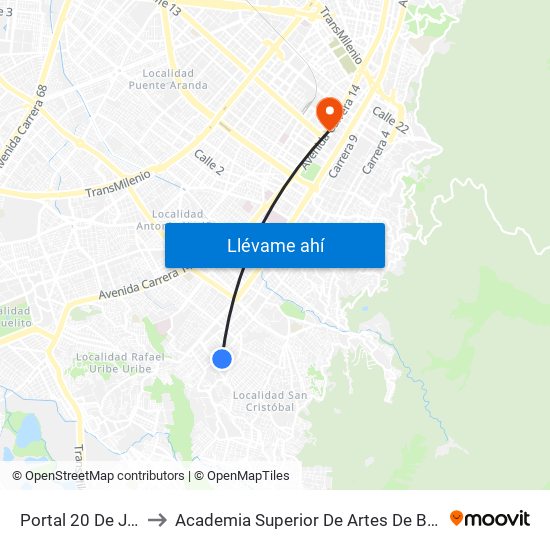 Portal 20 De Julio to Academia Superior De Artes De Bogotá map