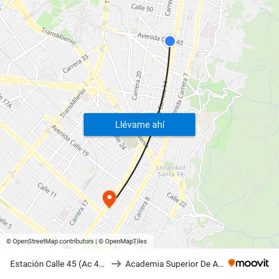 Estación Calle 45 (Ac 45 - Av. Caracas) to Academia Superior De Artes De Bogotá map
