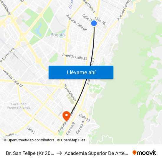 Br. San Felipe (Kr 20a - Cl 74) to Academia Superior De Artes De Bogotá map