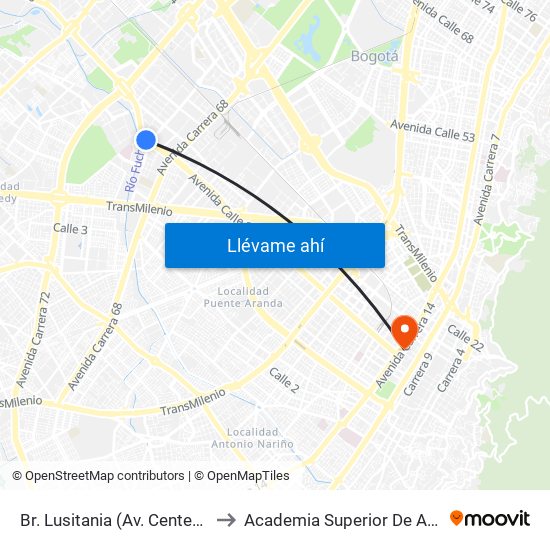 Br. Lusitania (Av. Centenario - Ak 68d) to Academia Superior De Artes De Bogotá map