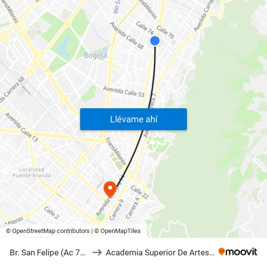 Br. San Felipe (Ac 72 - Kr 17) to Academia Superior De Artes De Bogotá map