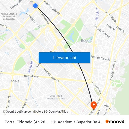 Portal Eldorado (Ac 26 - Av. C. De Cali) to Academia Superior De Artes De Bogotá map