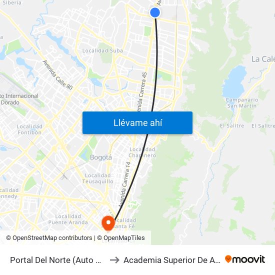 Portal Del Norte (Auto Norte - Cl 174a) to Academia Superior De Artes De Bogotá map