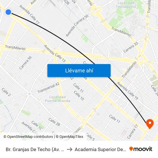 Br. Granjas De Techo (Av. Centenario - Kr 65) to Academia Superior De Artes De Bogotá map