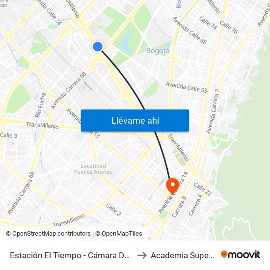 Estación El Tiempo - Cámara De Comercio De Bogotá (Ac 26 - Kr 68b Bis) to Academia Superior De Artes De Bogotá map