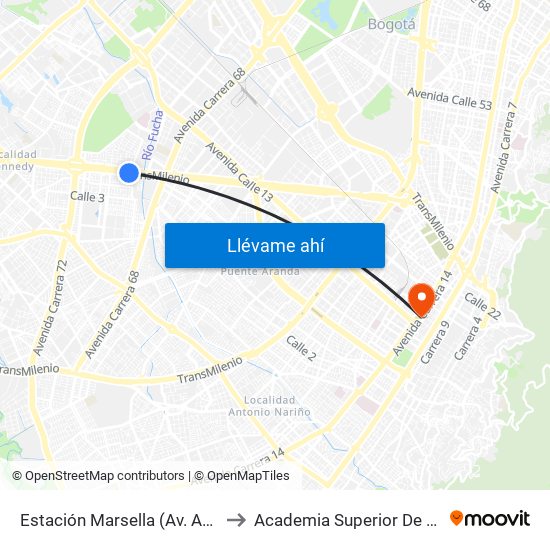 Estación Marsella (Av. Américas - Kr 69b) to Academia Superior De Artes De Bogotá map