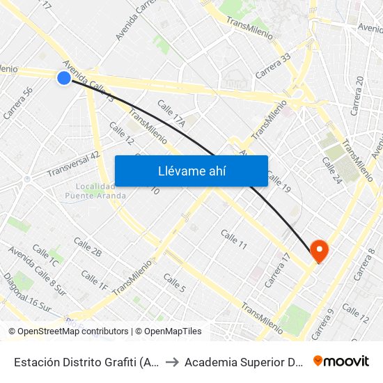 Estación Distrito Grafiti (Av. Américas - Kr 53a) to Academia Superior De Artes De Bogotá map