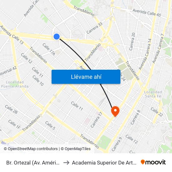 Br. Ortezal (Av. Américas - Tv 39) to Academia Superior De Artes De Bogotá map