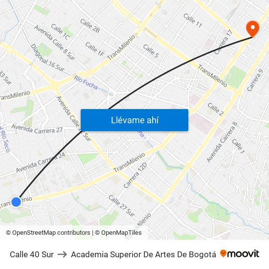Calle 40 Sur to Academia Superior De Artes De Bogotá map