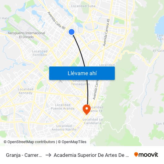 Granja - Carrera 77 to Academia Superior De Artes De Bogotá map