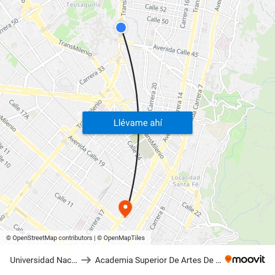 Universidad Nacional to Academia Superior De Artes De Bogotá map