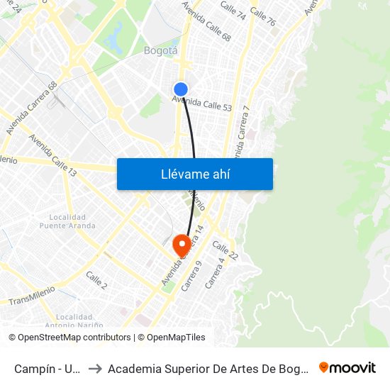 Campín - Uan to Academia Superior De Artes De Bogotá map