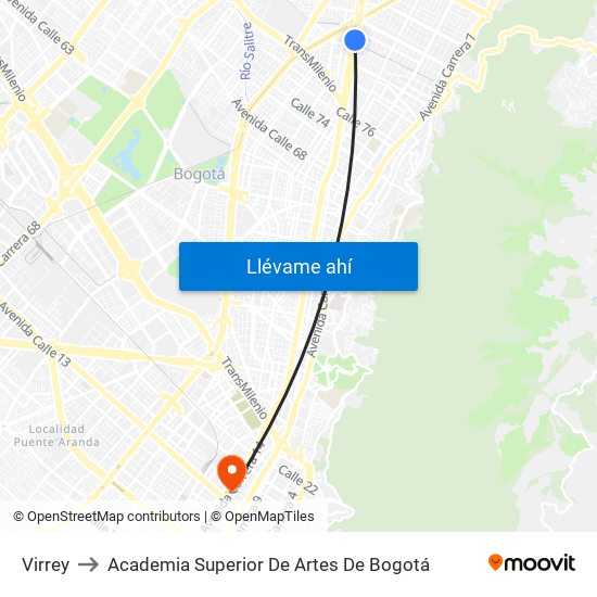 Virrey to Academia Superior De Artes De Bogotá map