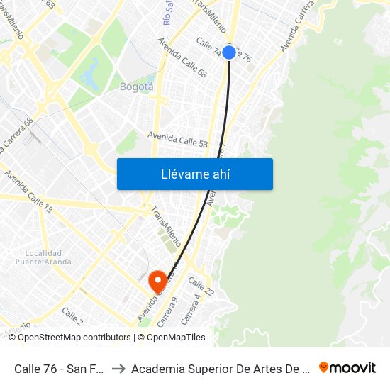 Calle 76 - San Felipe to Academia Superior De Artes De Bogotá map