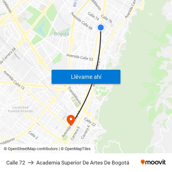 Calle 72 to Academia Superior De Artes De Bogotá map
