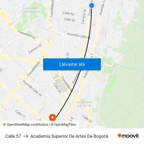 Calle 57 to Academia Superior De Artes De Bogotá map