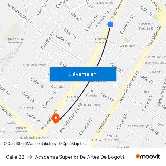 Calle 22 to Academia Superior De Artes De Bogotá map