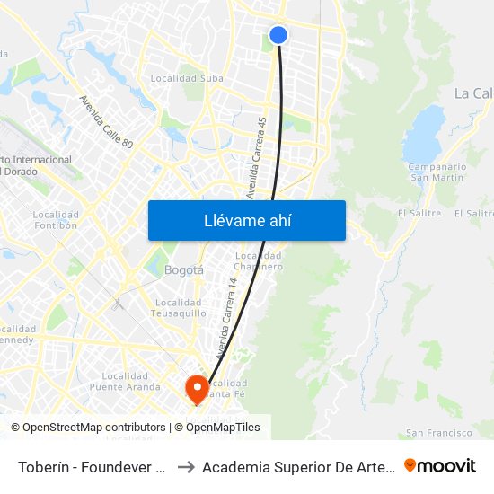 Toberín - Foundever (Lado Sur) to Academia Superior De Artes De Bogotá map