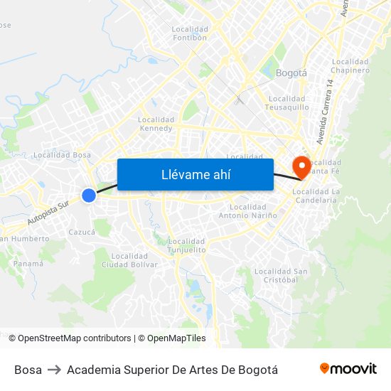 Bosa to Academia Superior De Artes De Bogotá map