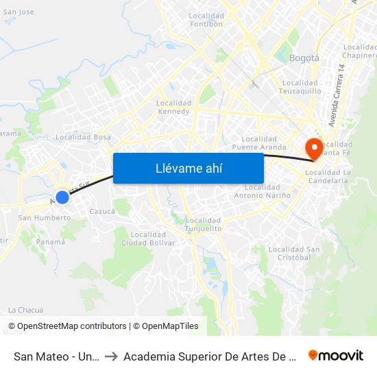 San Mateo - Unisur to Academia Superior De Artes De Bogotá map