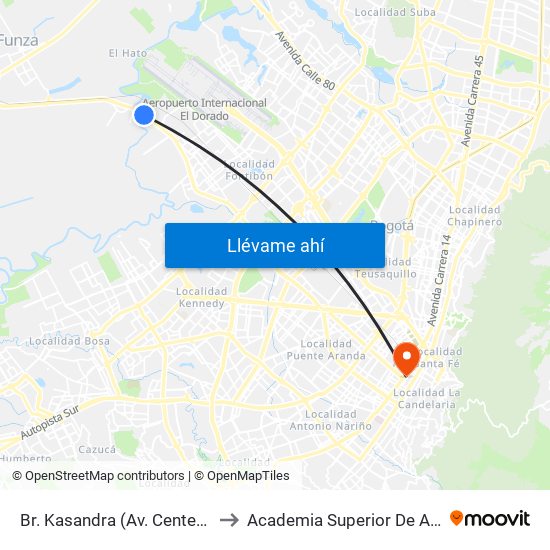 Br. Kasandra (Av. Centenario - Kr 134a) to Academia Superior De Artes De Bogotá map