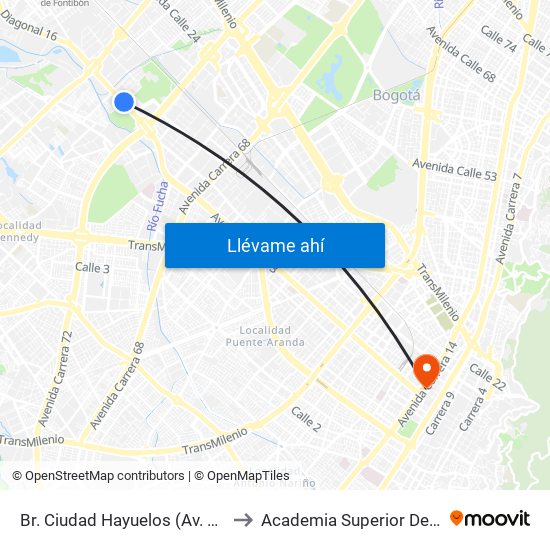 Br. Ciudad Hayuelos (Av. Centenario - Kr 78g) to Academia Superior De Artes De Bogotá map