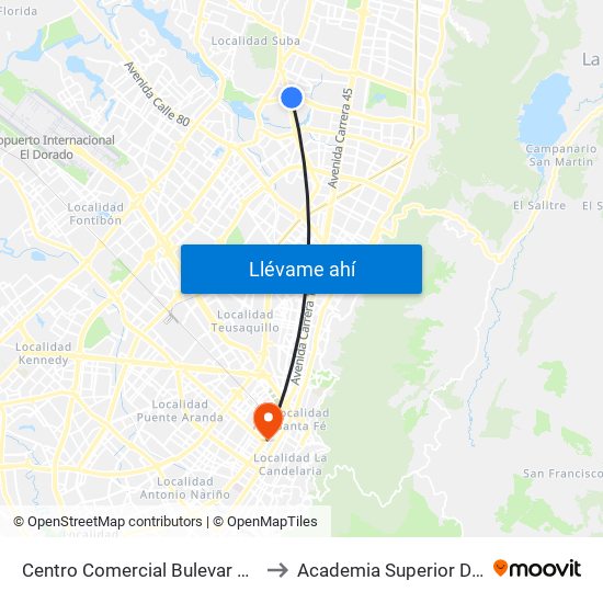 Centro Comercial Bulevar Niza (Ac 127 - Av. Suba) to Academia Superior De Artes De Bogotá map