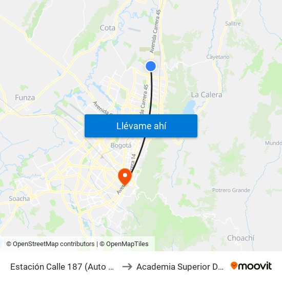 Estación Calle 187 (Auto Norte - Cl 187 Bis) (A) to Academia Superior De Artes De Bogotá map