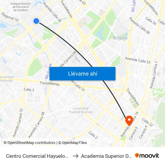 Centro Comercial Hayuelos (Av. C. De Cali - Cl 20) to Academia Superior De Artes De Bogotá map