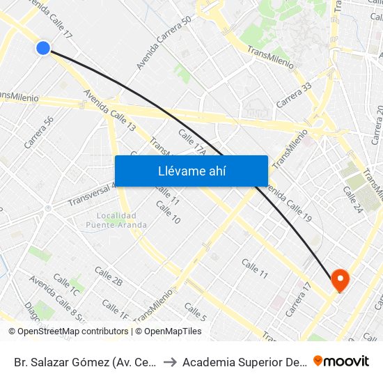 Br. Salazar Gómez (Av. Centenario - Kr 65) (A) to Academia Superior De Artes De Bogotá map