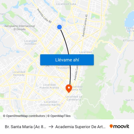 Br. Santa María (Ac 80 - Kr 73b) to Academia Superior De Artes De Bogotá map