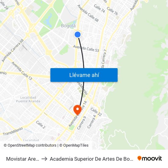 Movistar Arena to Academia Superior De Artes De Bogotá map