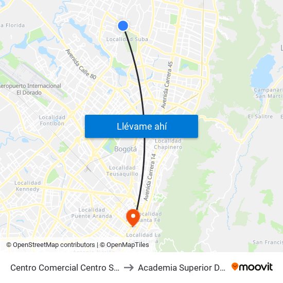Centro Comercial Centro Suba (Av. Suba - Kr 91) to Academia Superior De Artes De Bogotá map