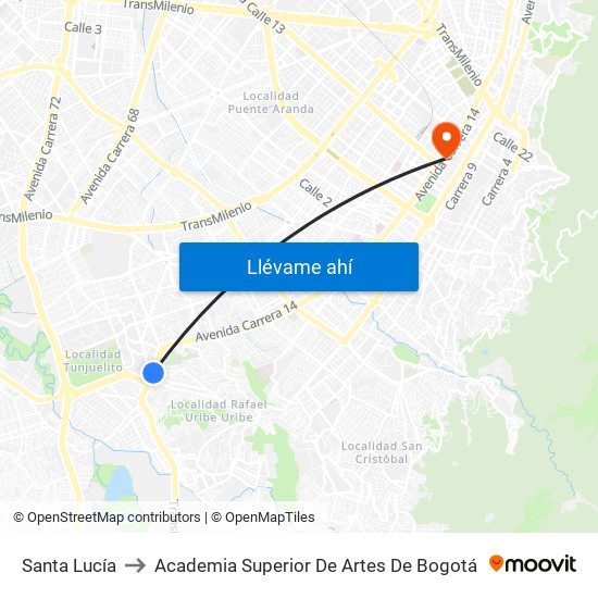 Santa Lucía to Academia Superior De Artes De Bogotá map