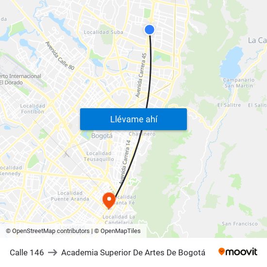Calle 146 to Academia Superior De Artes De Bogotá map