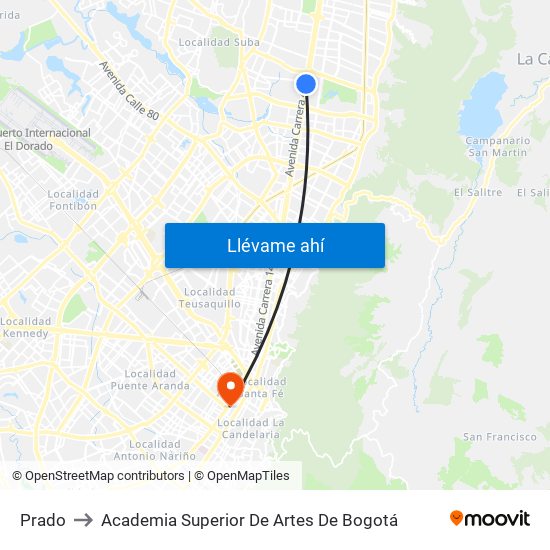 Prado to Academia Superior De Artes De Bogotá map