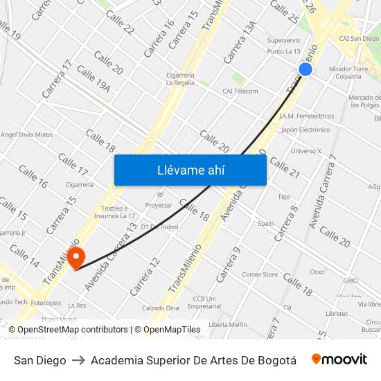 San Diego to Academia Superior De Artes De Bogotá map