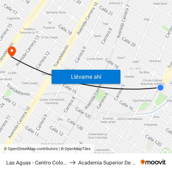 Las Aguas - Centro Colombo Americano to Academia Superior De Artes De Bogotá map