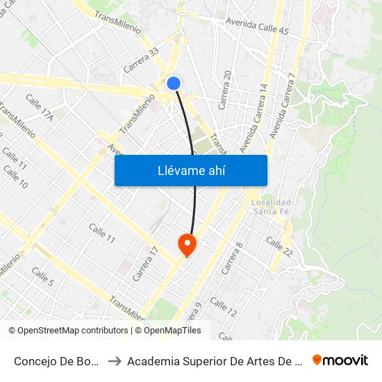 Concejo De Bogotá to Academia Superior De Artes De Bogotá map