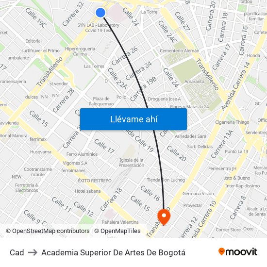 Cad to Academia Superior De Artes De Bogotá map